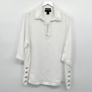 Tahari Top Shirt 1X Boho 3/4 Sleeve 100% Linen Beachy Coastal Lagenlook Popover